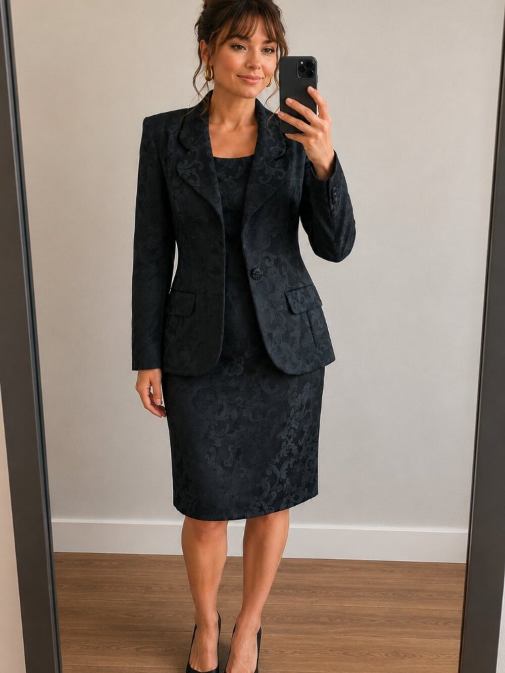 VTG Karen Laurence 2 Pc Black Jacquard Skirt Suit Set Leopard Lined Sz 6 - Picture 2 of 7